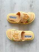 NAKED WOLFE Vegas Logo Embossed Yellow Mesh Sandals Slide - House Of Huntington