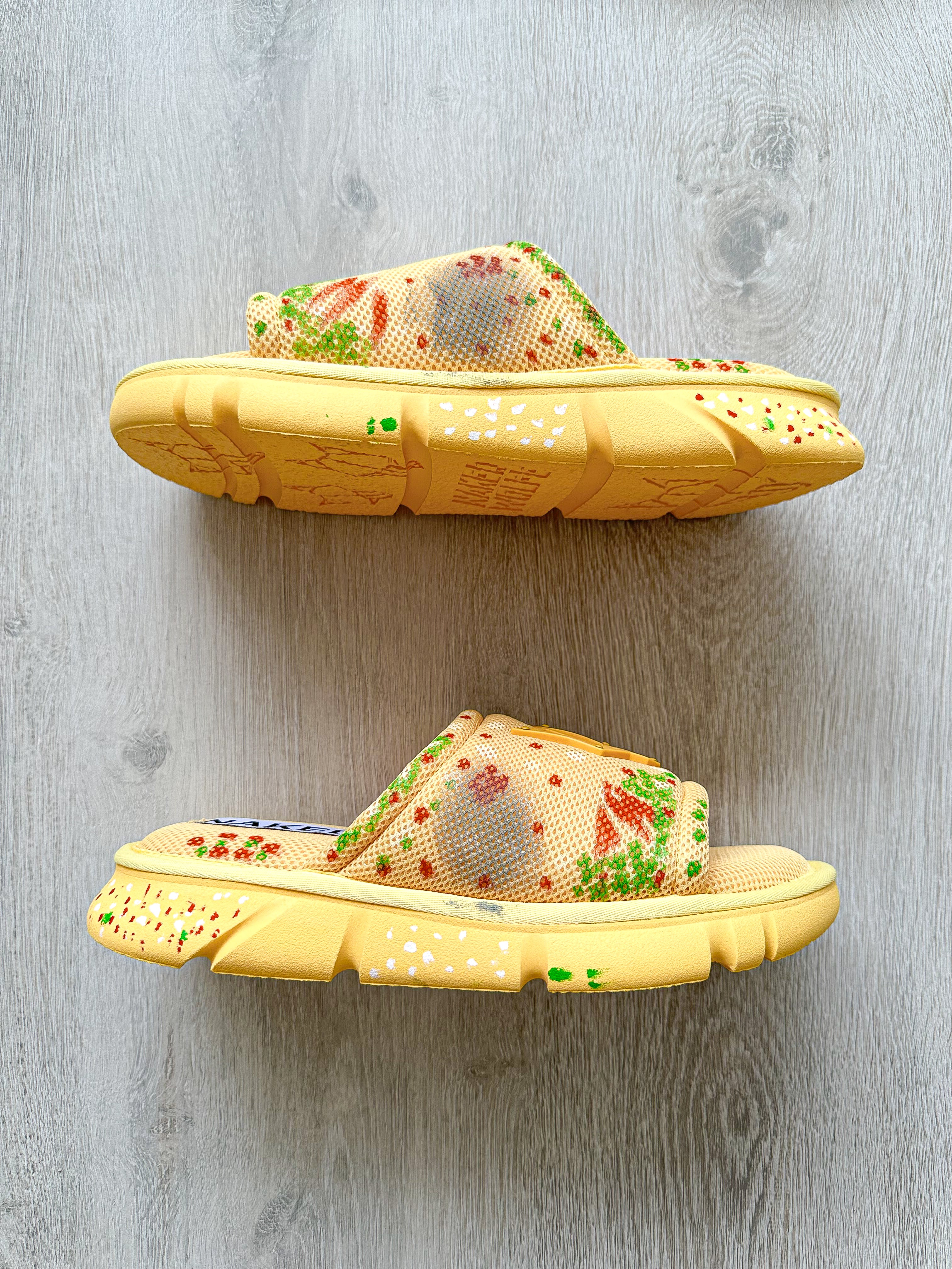 NAKED WOLFE Vegas Logo Embossed Yellow Mesh Sandals Slide - House Of Huntington