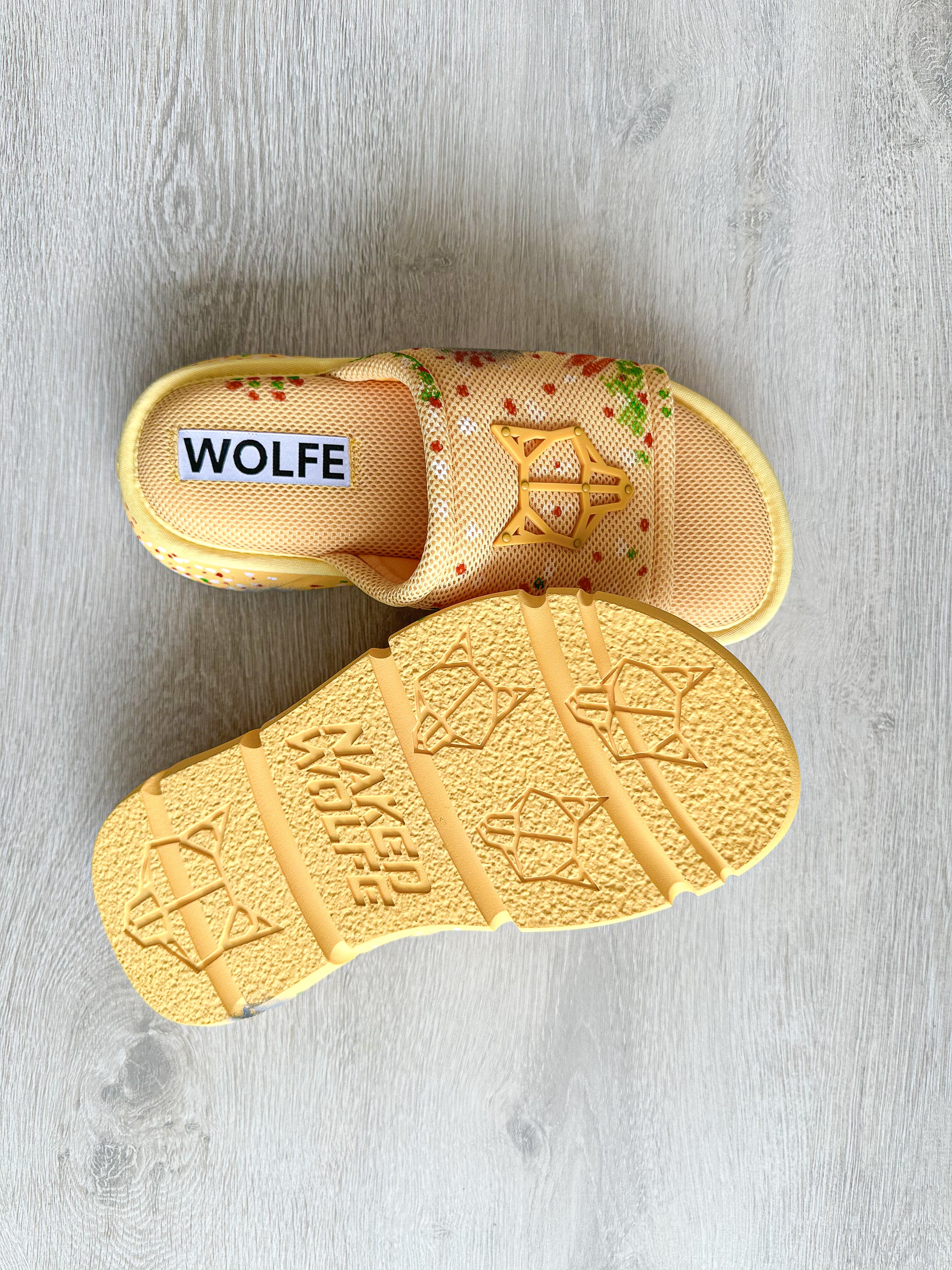 NAKED WOLFE Vegas Logo Embossed Yellow Mesh Sandals Slide - House Of Huntington