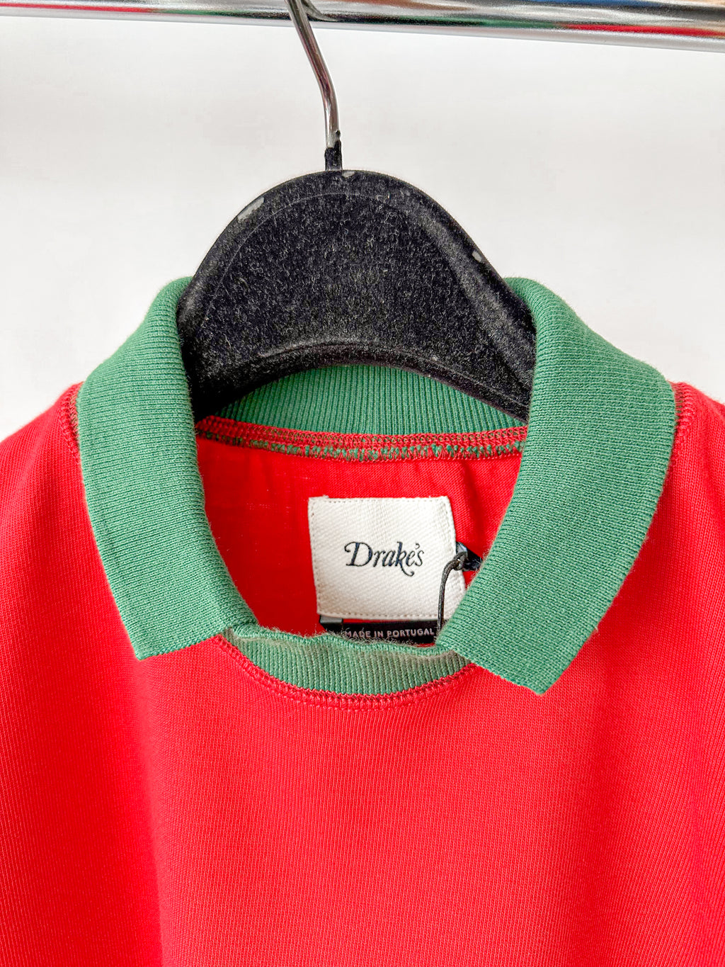 Drake's Red Blue White Green Half Block Stripe Long Sleeve Mock Neck Rugby Shirt