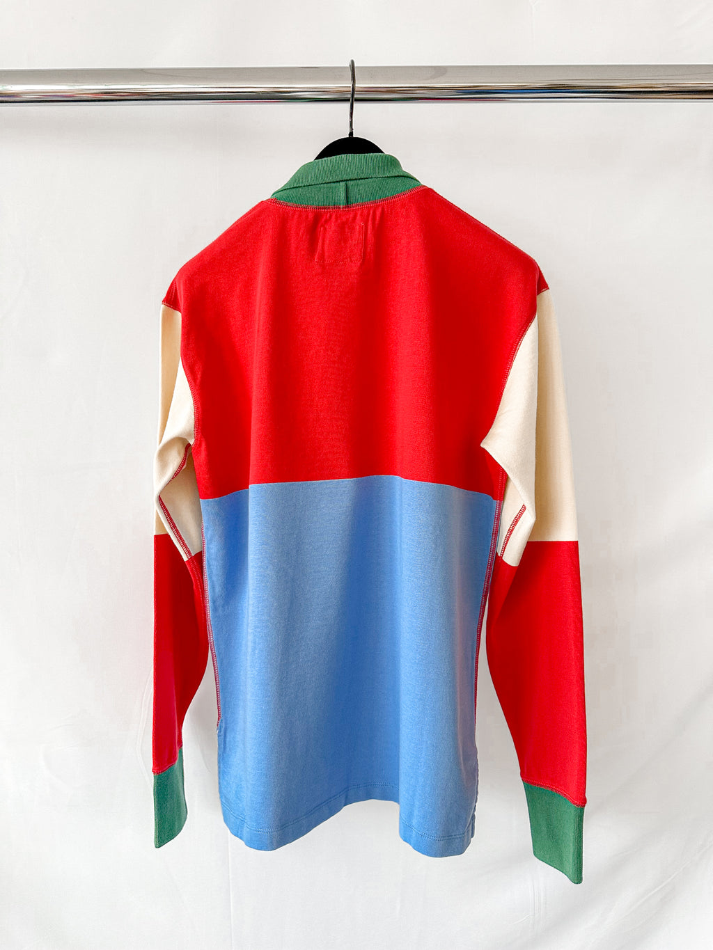 Drake's Red Blue White Green Half Block Stripe Long Sleeve Mock Neck Rugby Shirt