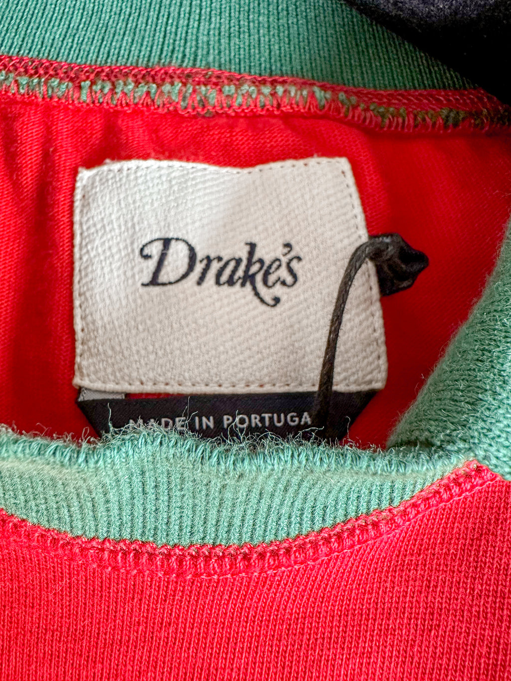 Drake's Red Blue White Green Half Block Stripe Long Sleeve Mock Neck Rugby Shirt