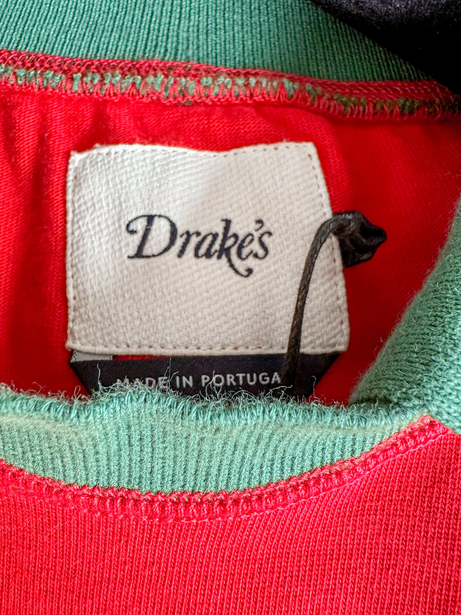 Drake's Red Blue White Green Half Block Stripe Long Sleeve Mock Neck Rugby Shirt