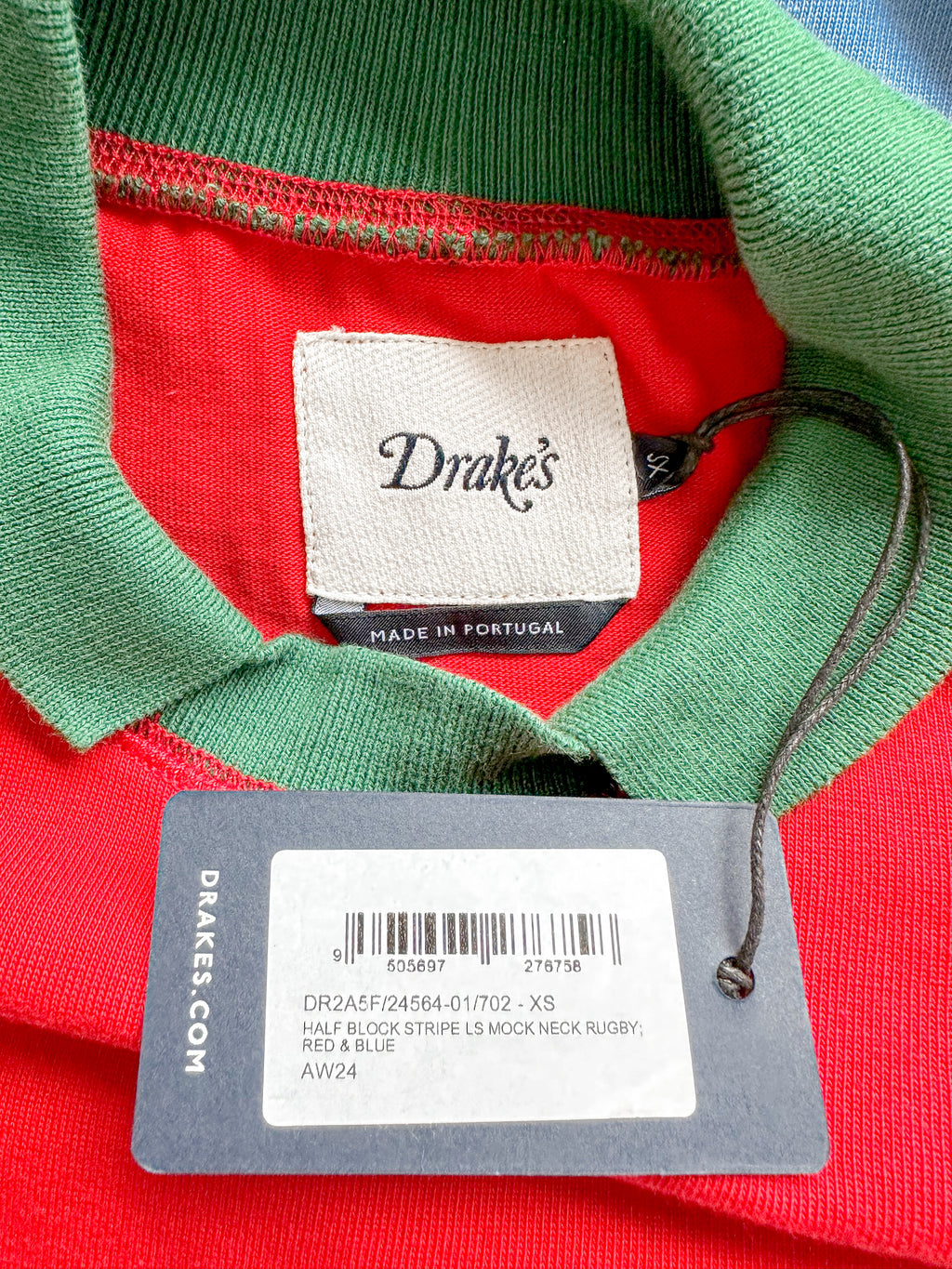 Drake's Red Blue White Green Half Block Stripe Long Sleeve Mock Neck Rugby Shirt