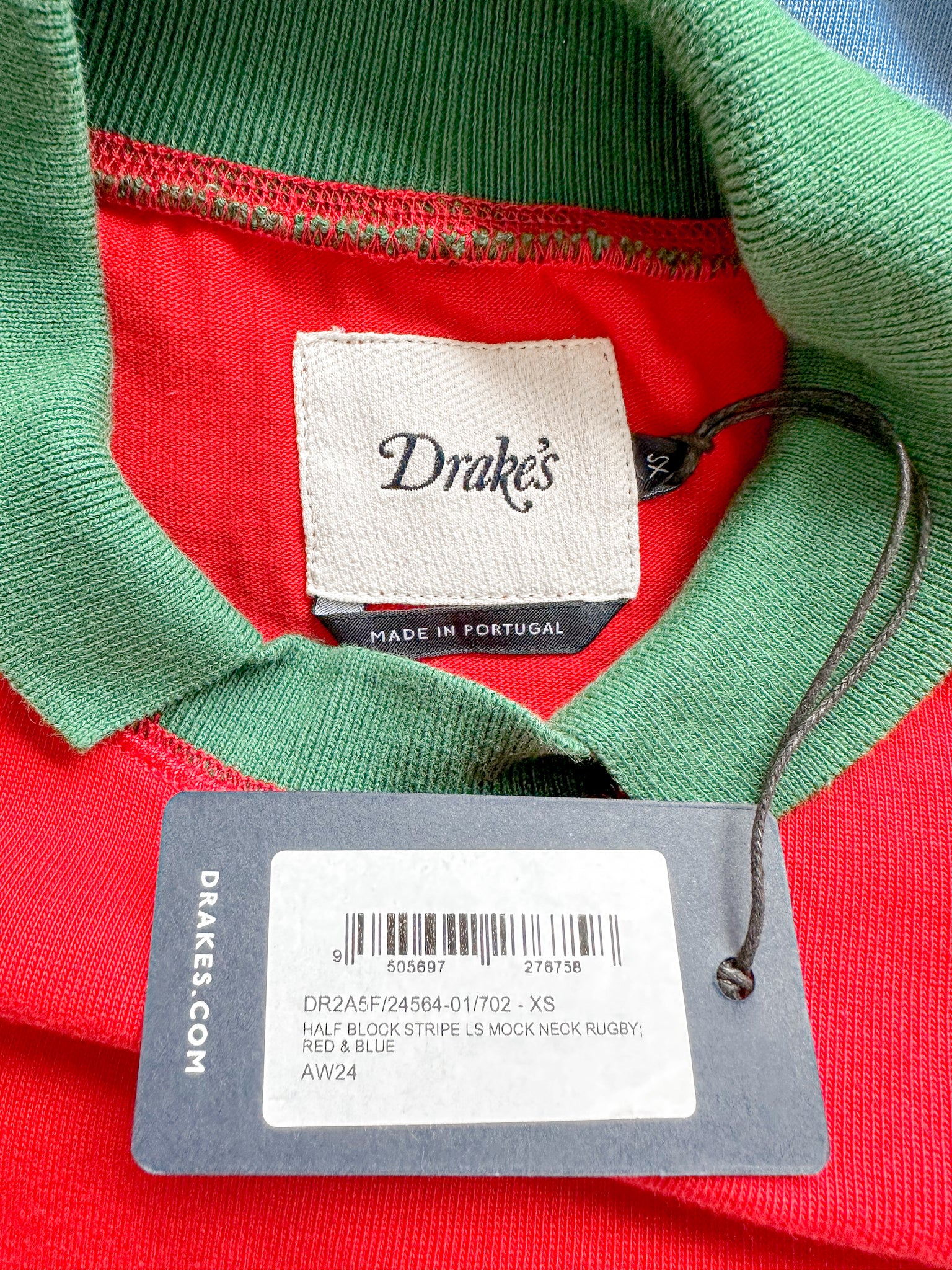 Drake's Red Blue White Green Half Block Stripe Long Sleeve Mock Neck Rugby Shirt