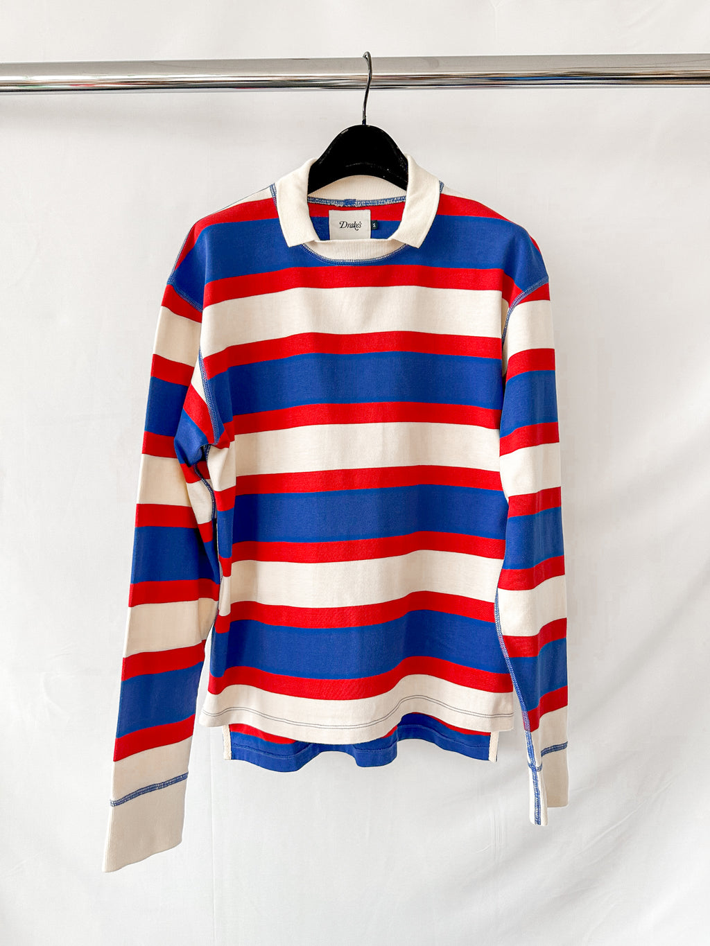 Drake's Navy White Red Striped Mock Collar Rugby Shirt