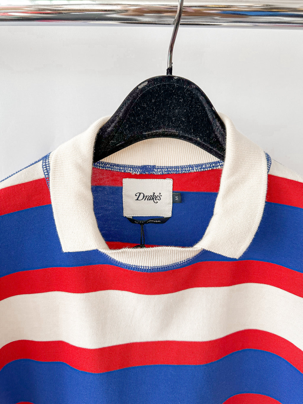 Drake's Navy White Red Striped Mock Collar Rugby Shirt