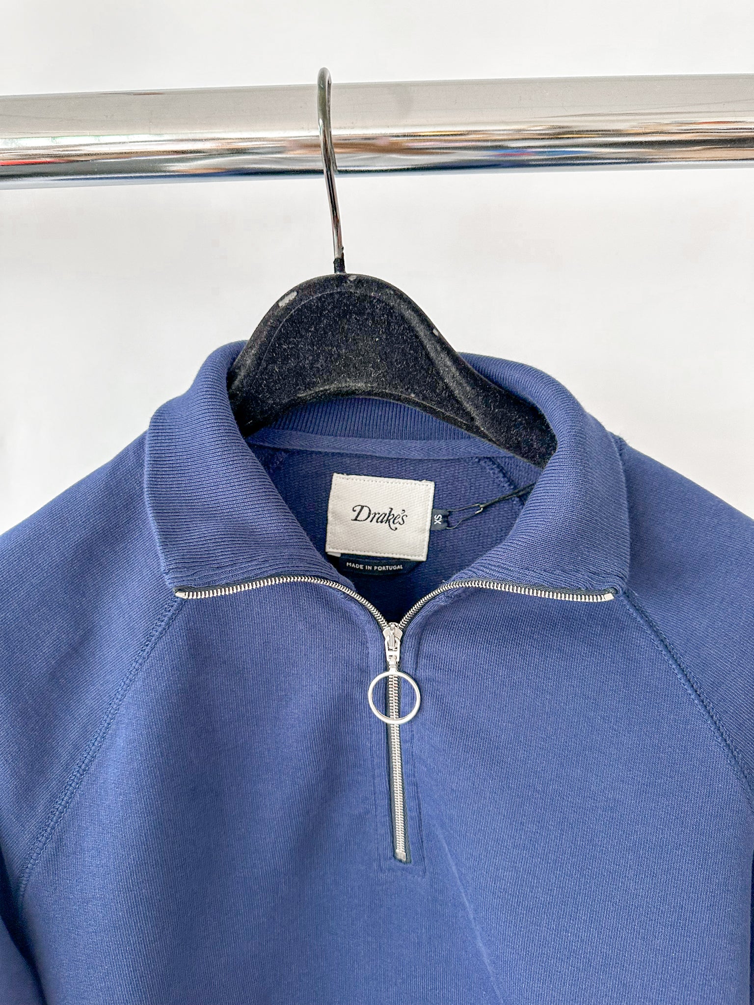 Drake's Navy Zip-Up Neck D Flag Embroidered Cotton Sweatshirt