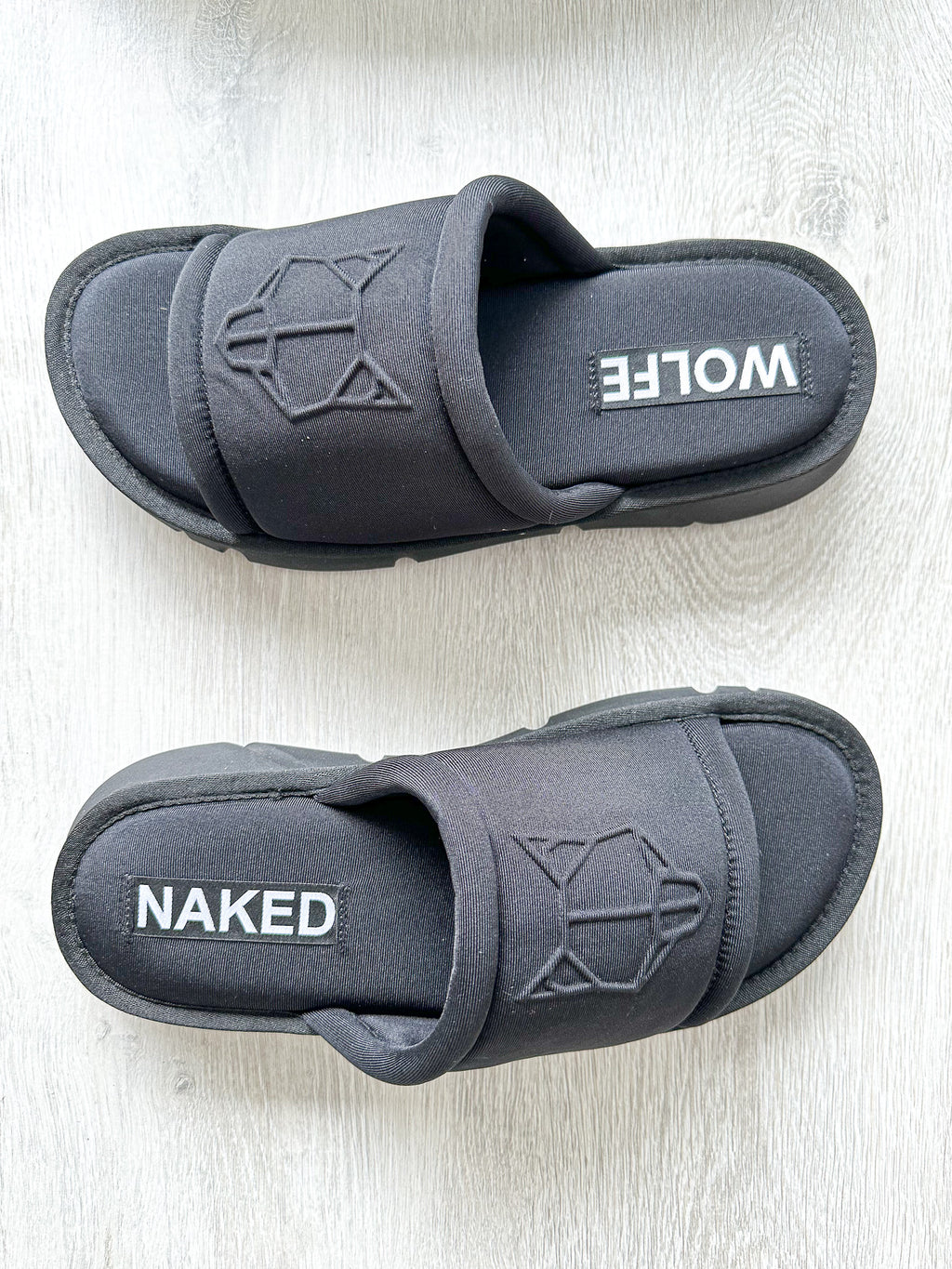 NAKED WOLFE Black Wolf Embossed Nylon Open Toe Sandals Slide - House Of Huntington