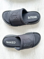NAKED WOLFE Black Wolf Embossed Nylon Open Toe Sandals Slide - House Of Huntington