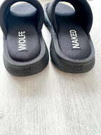 NAKED WOLFE Black Wolf Embossed Nylon Open Toe Sandals Slide - House Of Huntington