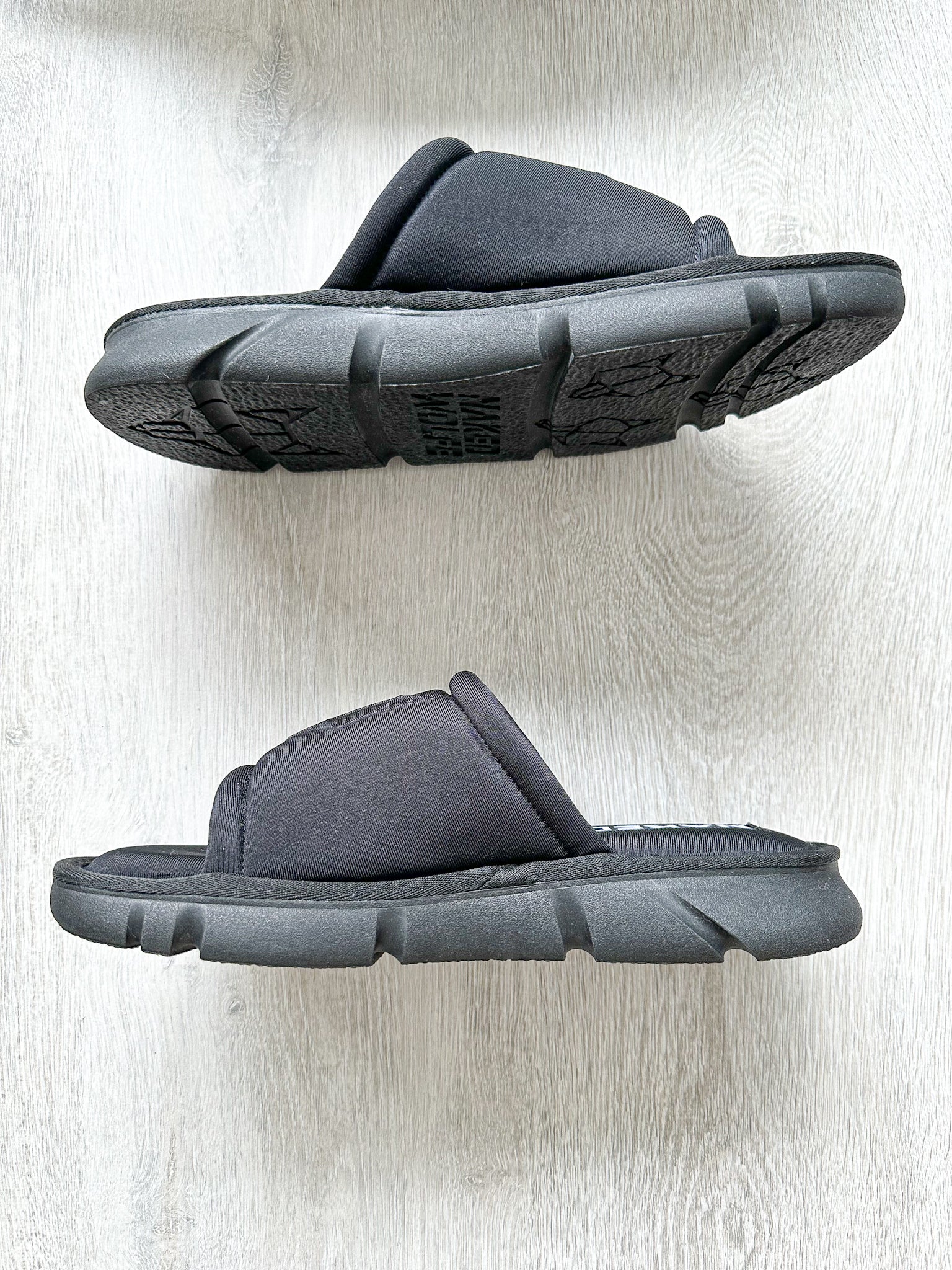 NAKED WOLFE Black Wolf Embossed Nylon Open Toe Sandals Slide - House Of Huntington