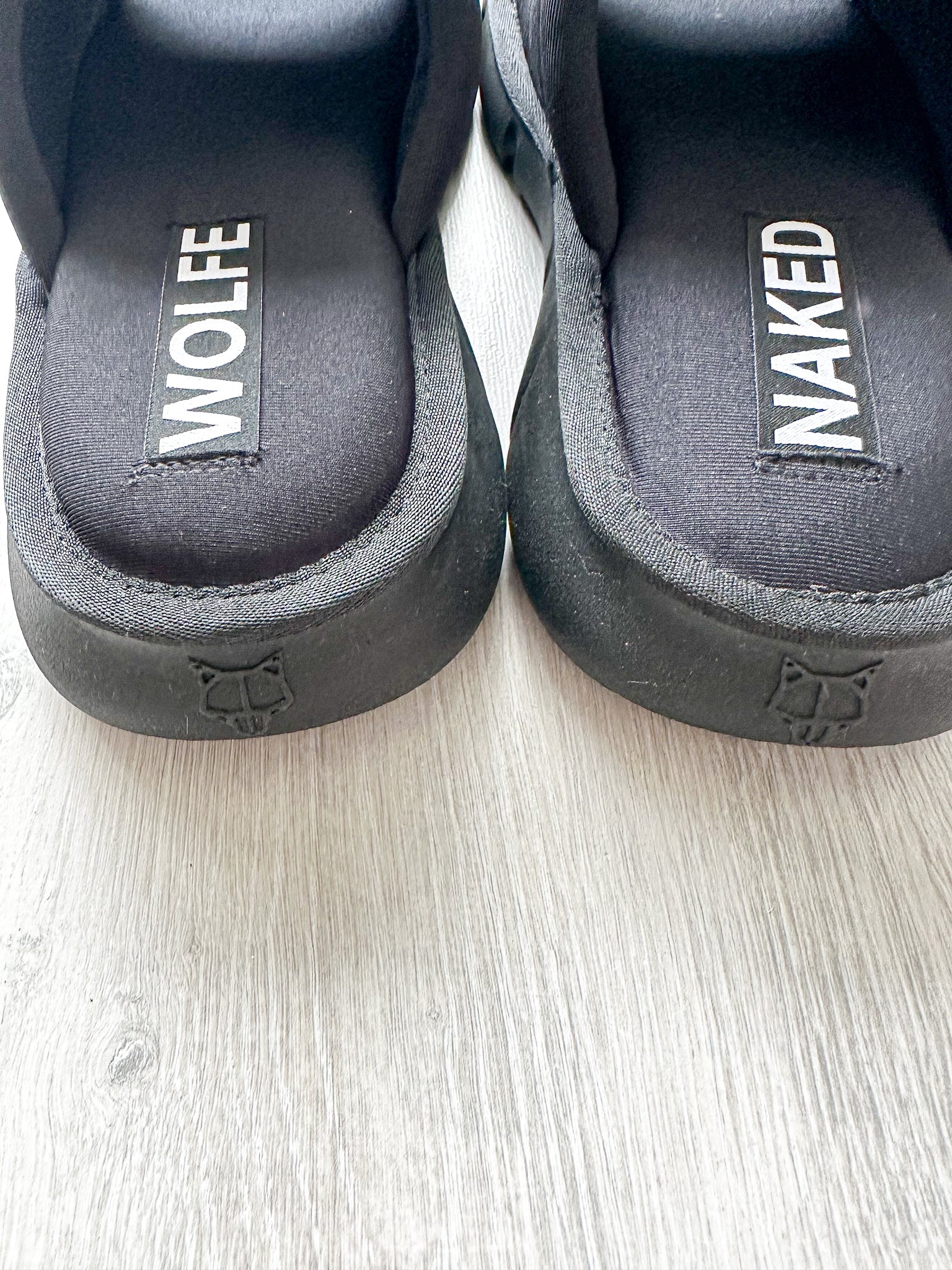 NAKED WOLFE Black Wolf Embossed Nylon Open Toe Sandals Slide - House Of Huntington