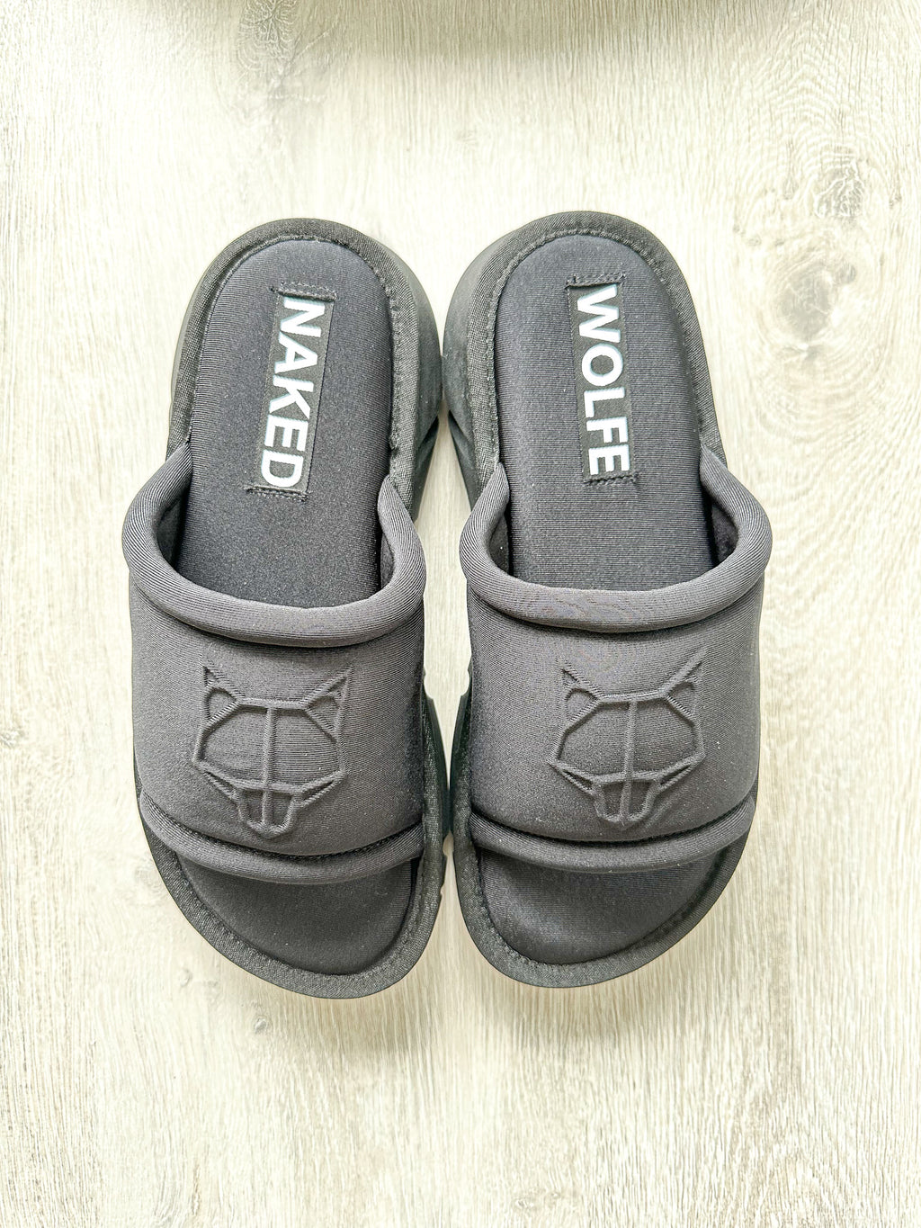NAKED WOLFE Black Wolf Embossed Nylon Open Toe Sandals Slide - House Of Huntington