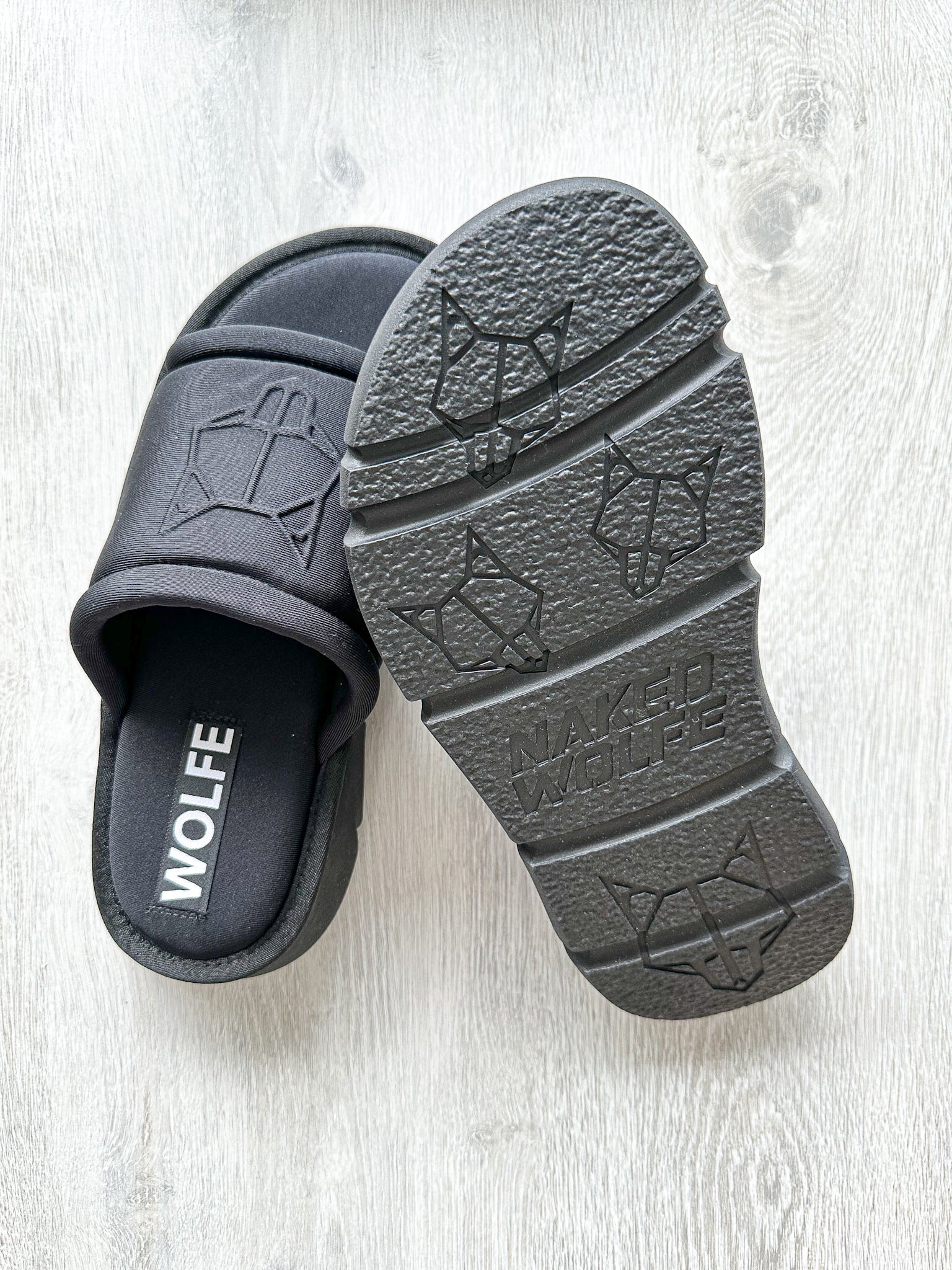 NAKED WOLFE Black Wolf Embossed Nylon Open Toe Sandals Slide - House Of Huntington