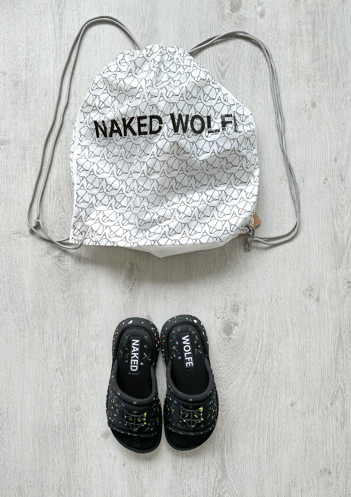 NAKED WOLFE Black Wolfe Embossed Graffiti Army Mesh Sandals Slide - House Of Huntington