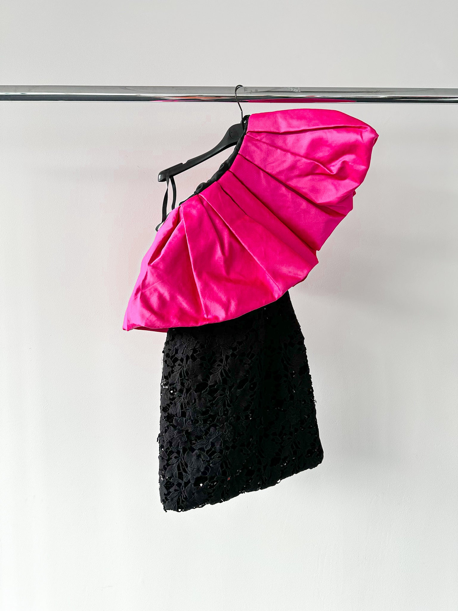 Richard Quinn Margot Pink Ruffle One Shoulder Overlay Black Silk Lace Mini Dress - House Of Huntington