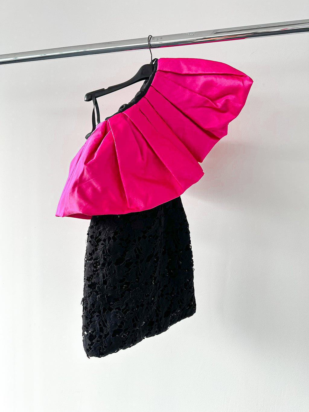 Richard Quinn Margot Pink Ruffle One Shoulder Overlay Black Silk Lace Mini Dress - House Of Huntington