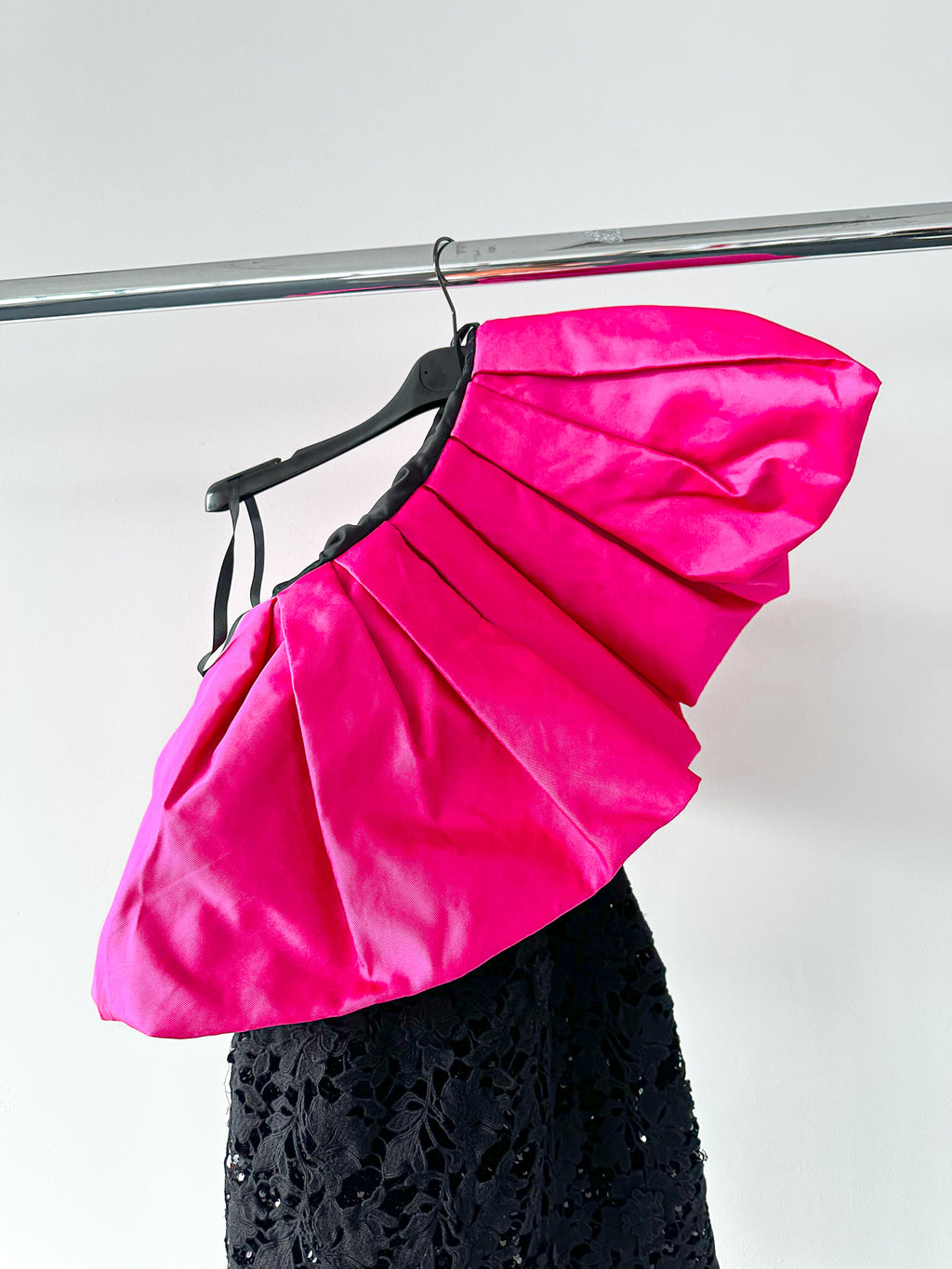 Richard Quinn Margot Pink Ruffle One Shoulder Overlay Black Silk Lace Mini Dress - House Of Huntington