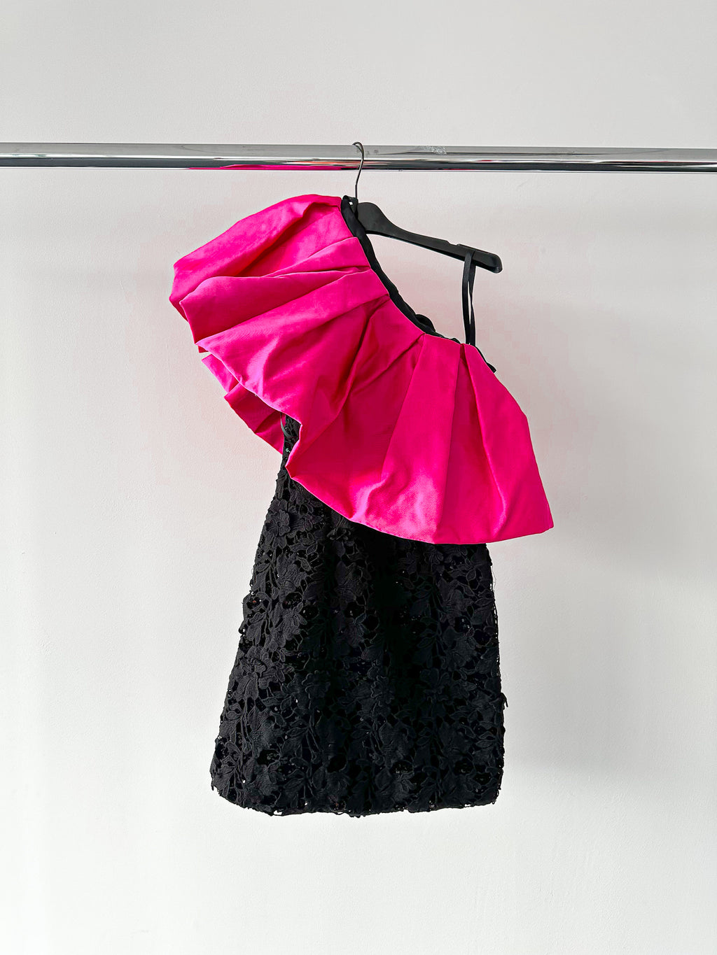 Richard Quinn Margot Pink Ruffle One Shoulder Overlay Black Silk Lace Mini Dress - House Of Huntington