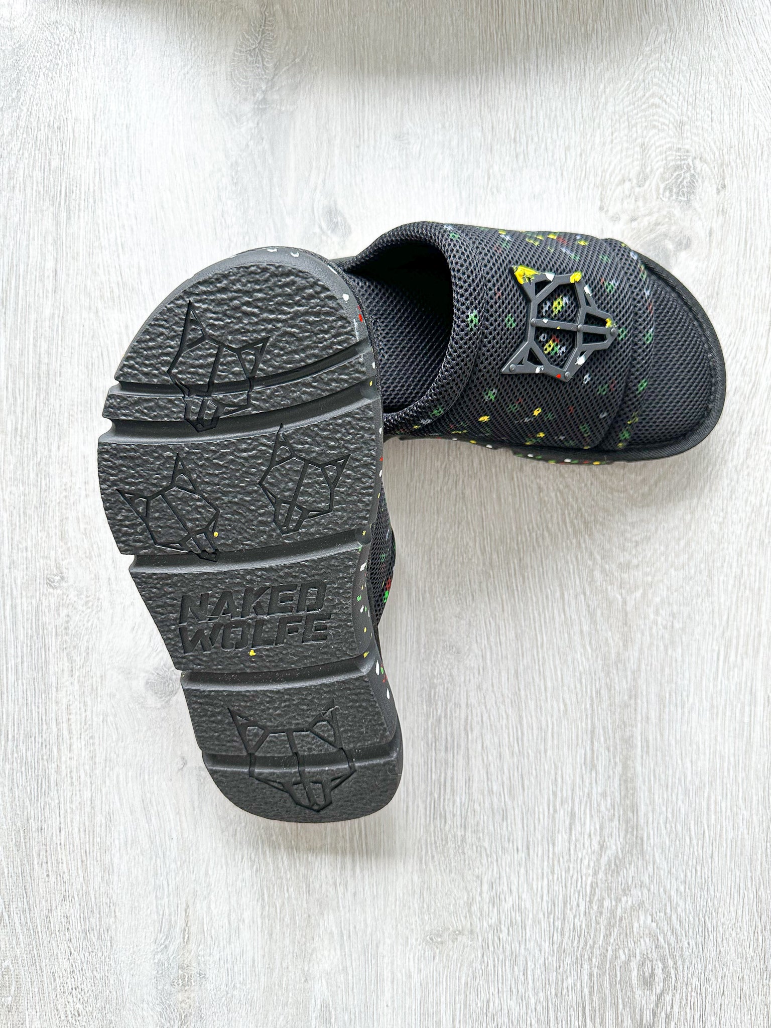 NAKED WOLFE Black Wolfe Embossed Graffiti Army Mesh Sandals Slide - House Of Huntington