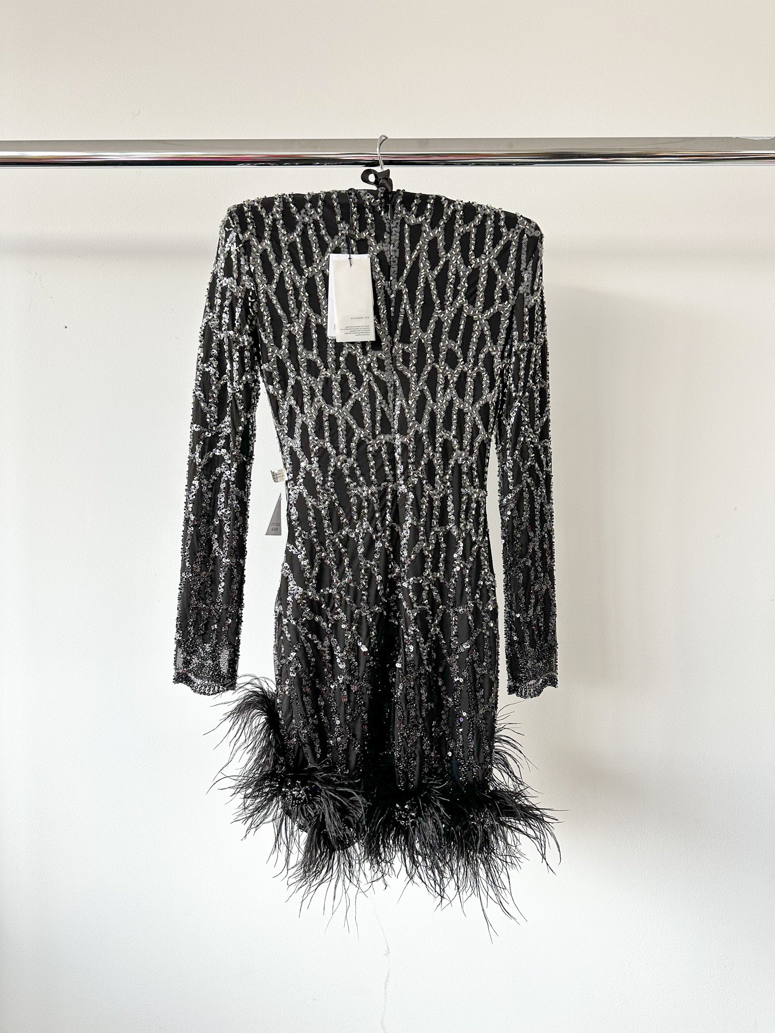 Nadine Merabi Black Lexi Beaded Embellished Feather Hem Mini Dress
