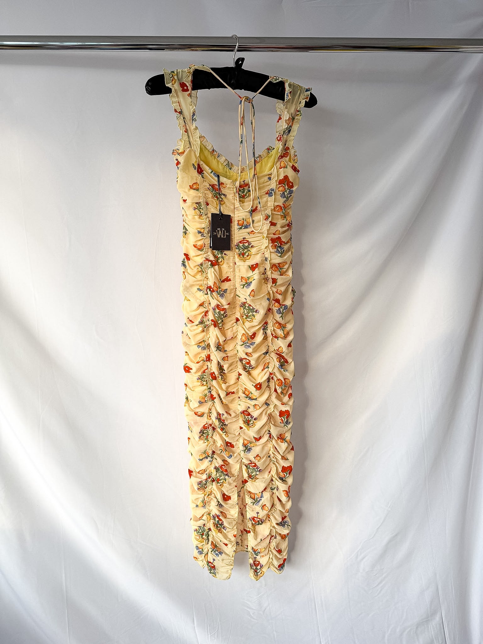 De La Vali Yellow Floral Print Georgette Pampapato Versailles Garden Midi Dress