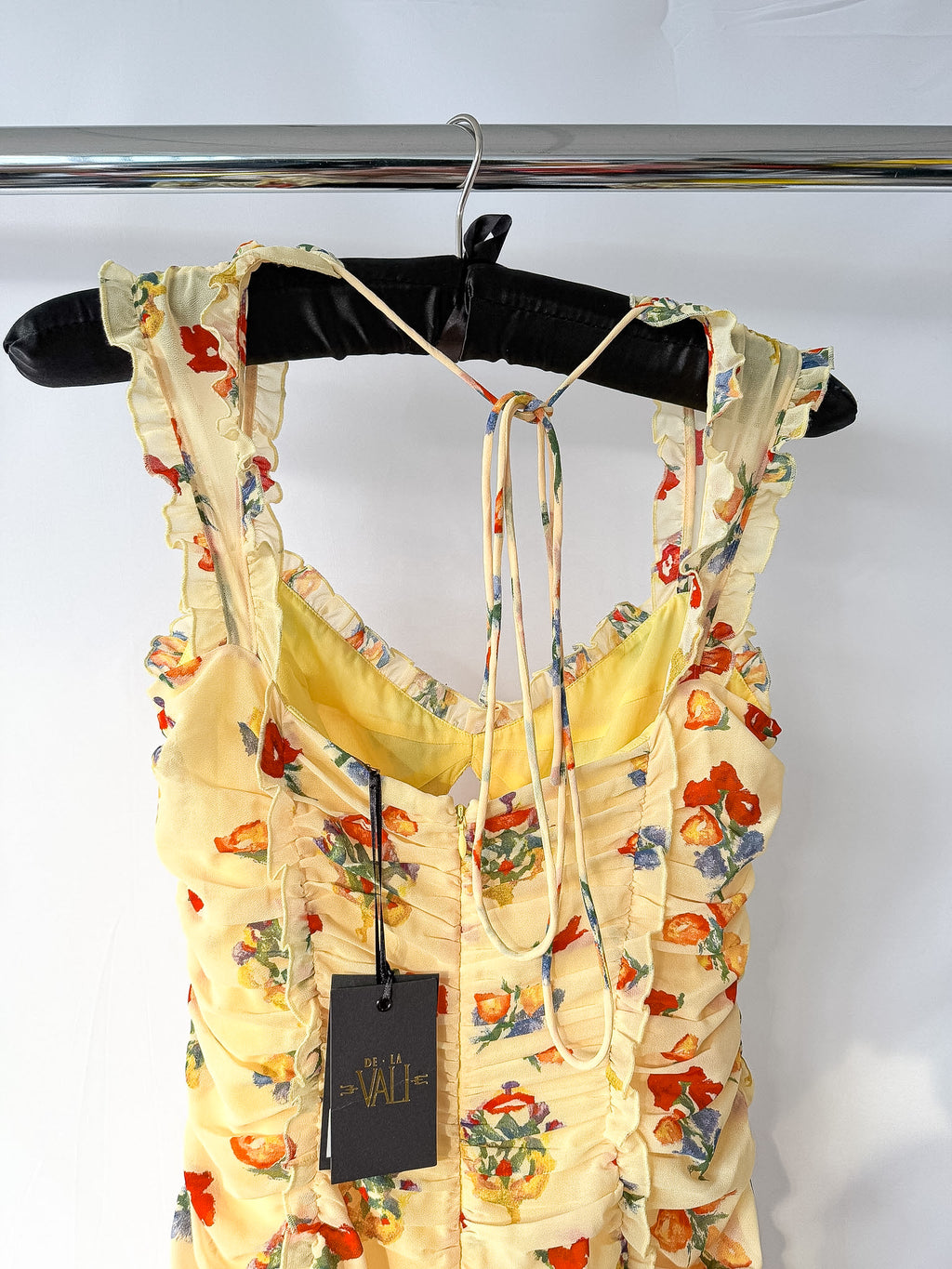 De La Vali Yellow Floral Print Georgette Pampapato Versailles Garden Midi Dress