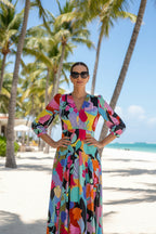 Rixo London Drape Neck Colourful Bold Print Marigold Dress