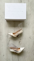 MIDNIGHT 00 White Plastic Ruched Crescent Moon Studded High Heels - House Of Huntington