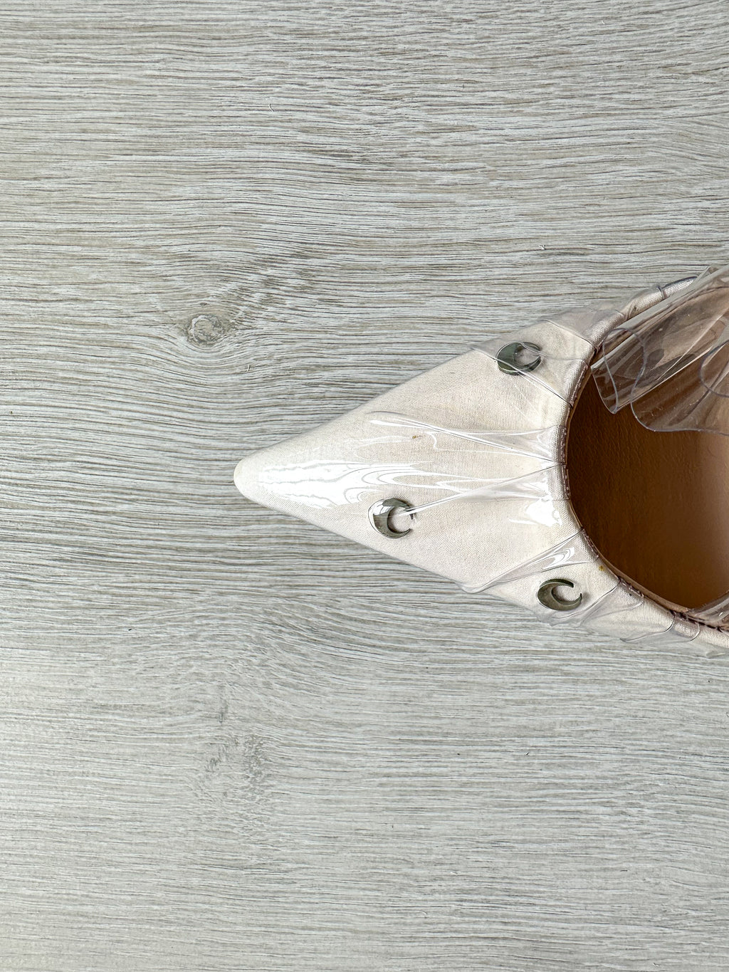 MIDNIGHT 00 White Plastic Ruched Crescent Moon Studded High Heels - House Of Huntington