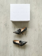 MIDNIGHT 00 Black Polka Dot Lace Detail Plastic Ruch Wrapped PVC High Heels - House Of Huntington