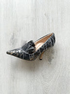 MIDNIGHT 00 Black Polka Dot Lace Detail Plastic Ruch Wrapped PVC High Heels - House Of Huntington