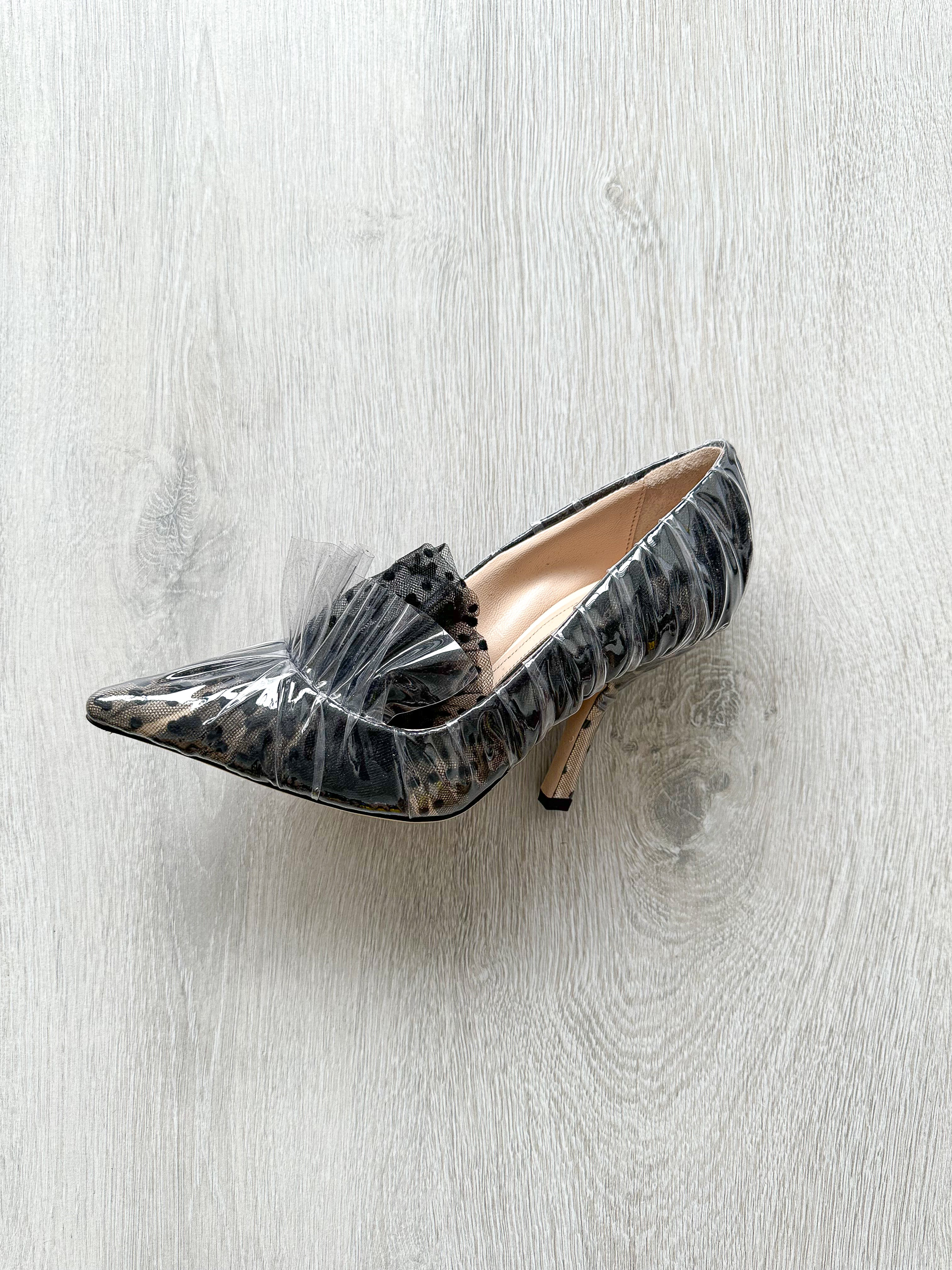 MIDNIGHT 00 Black Polka Dot Lace Detail Plastic Ruch Wrapped PVC High Heels - House Of Huntington