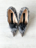 MIDNIGHT 00 Black Polka Dot Lace Detail Plastic Ruch Wrapped PVC High Heels - House Of Huntington