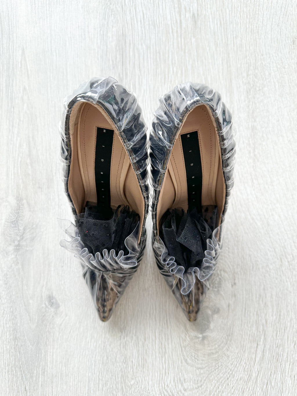 MIDNIGHT 00 Black Polka Dot Lace Detail Plastic Ruch Wrapped PVC High Heels - House Of Huntington