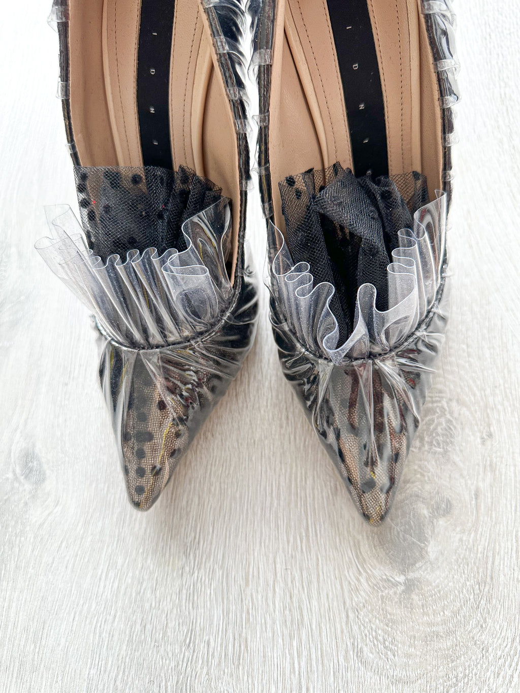 MIDNIGHT 00 Black Polka Dot Lace Detail Plastic Ruch Wrapped PVC High Heels - House Of Huntington