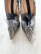MIDNIGHT 00 Black Polka Dot Lace Detail Plastic Ruch Wrapped PVC High Heels - House Of Huntington