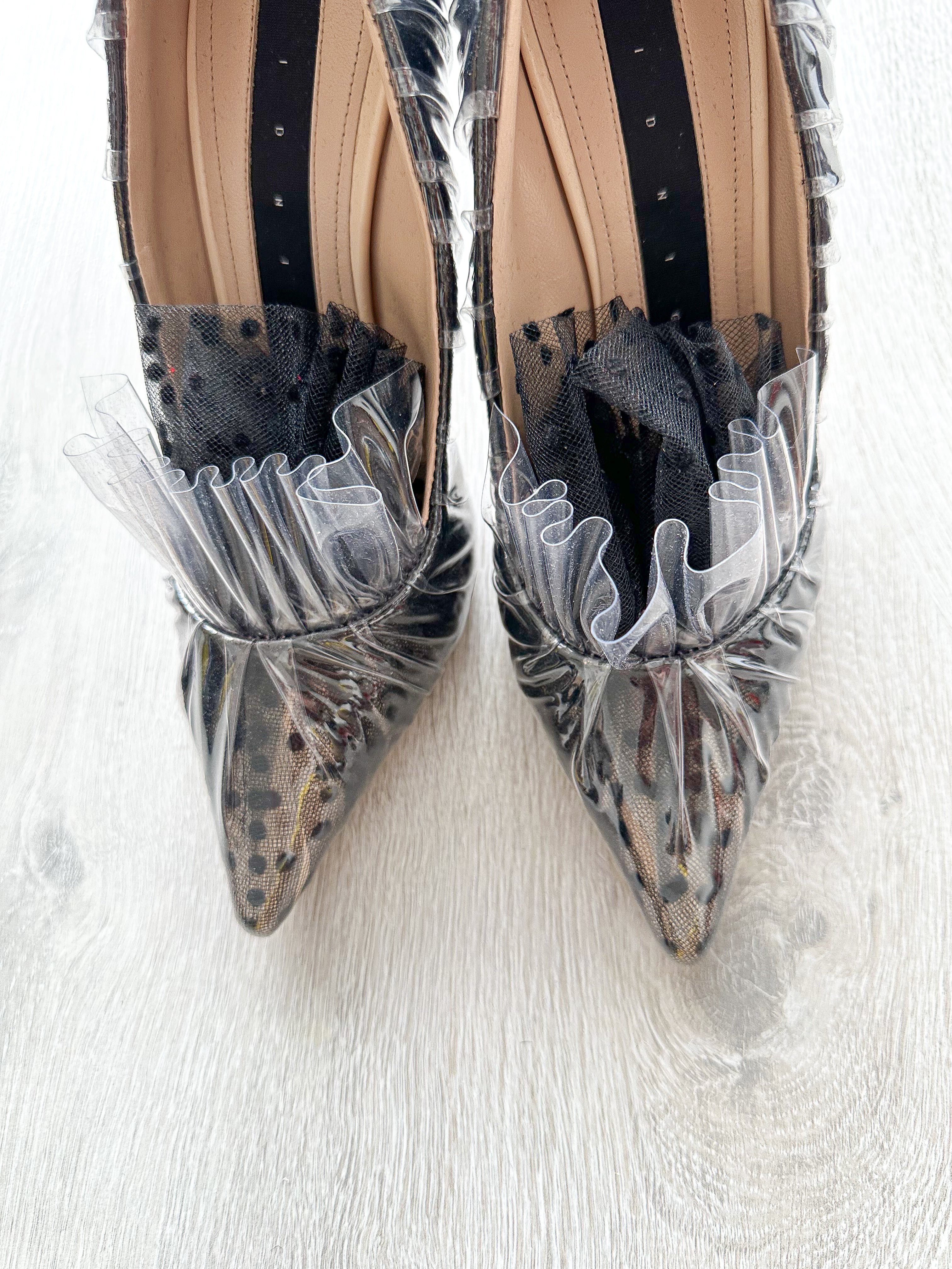 MIDNIGHT 00 Black Polka Dot Lace Detail Plastic Ruch Wrapped PVC High Heels - House Of Huntington