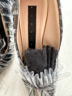 MIDNIGHT 00 Black Polka Dot Lace Detail Plastic Ruch Wrapped PVC High Heels - House Of Huntington