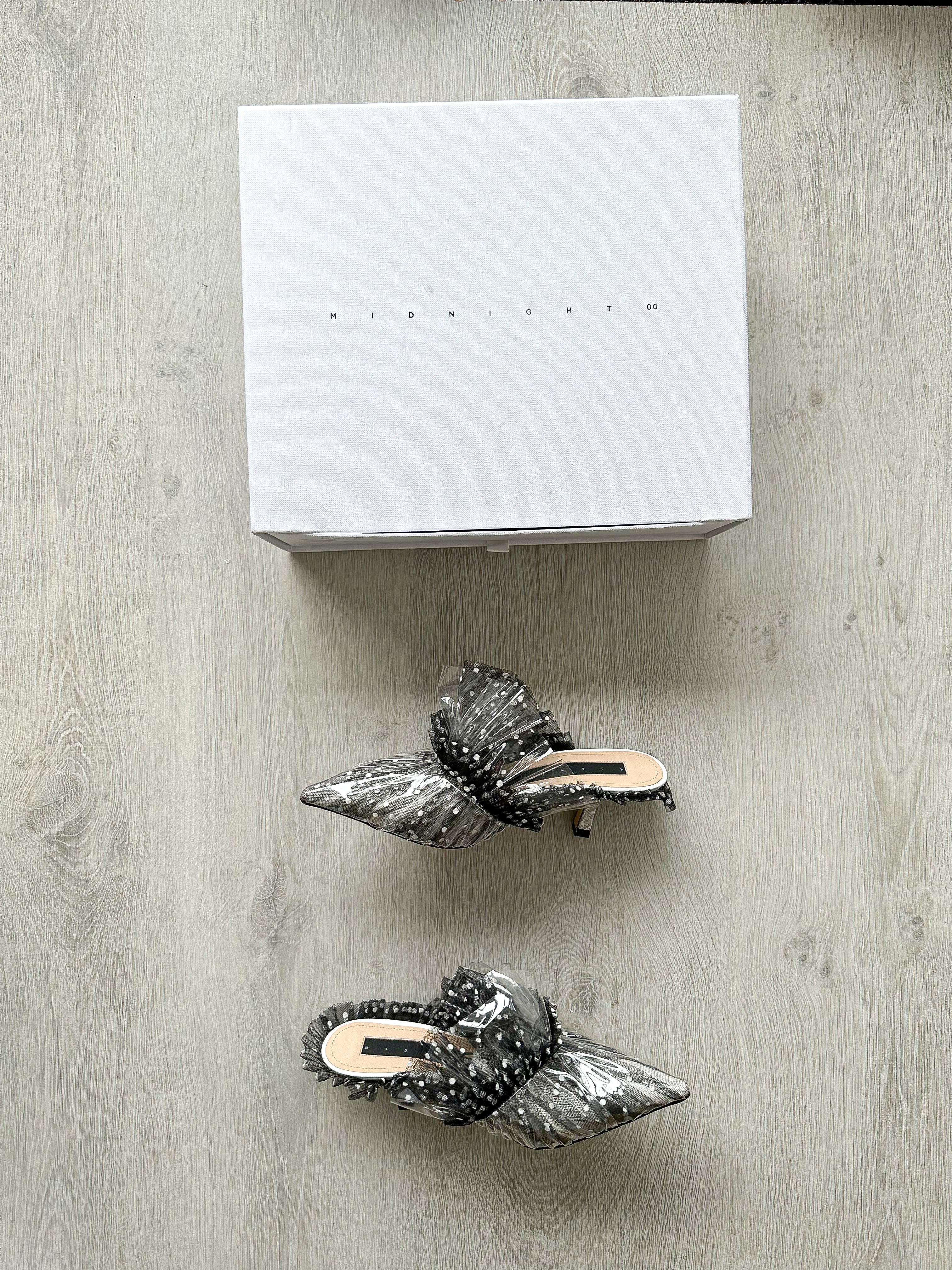 MIDNIGHT 00 Polka Dot Black White Frilly Lace Kitten Heels Mules - House Of Huntington