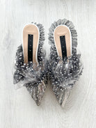 MIDNIGHT 00 Polka Dot Black White Frilly Lace Kitten Heels Mules - House Of Huntington