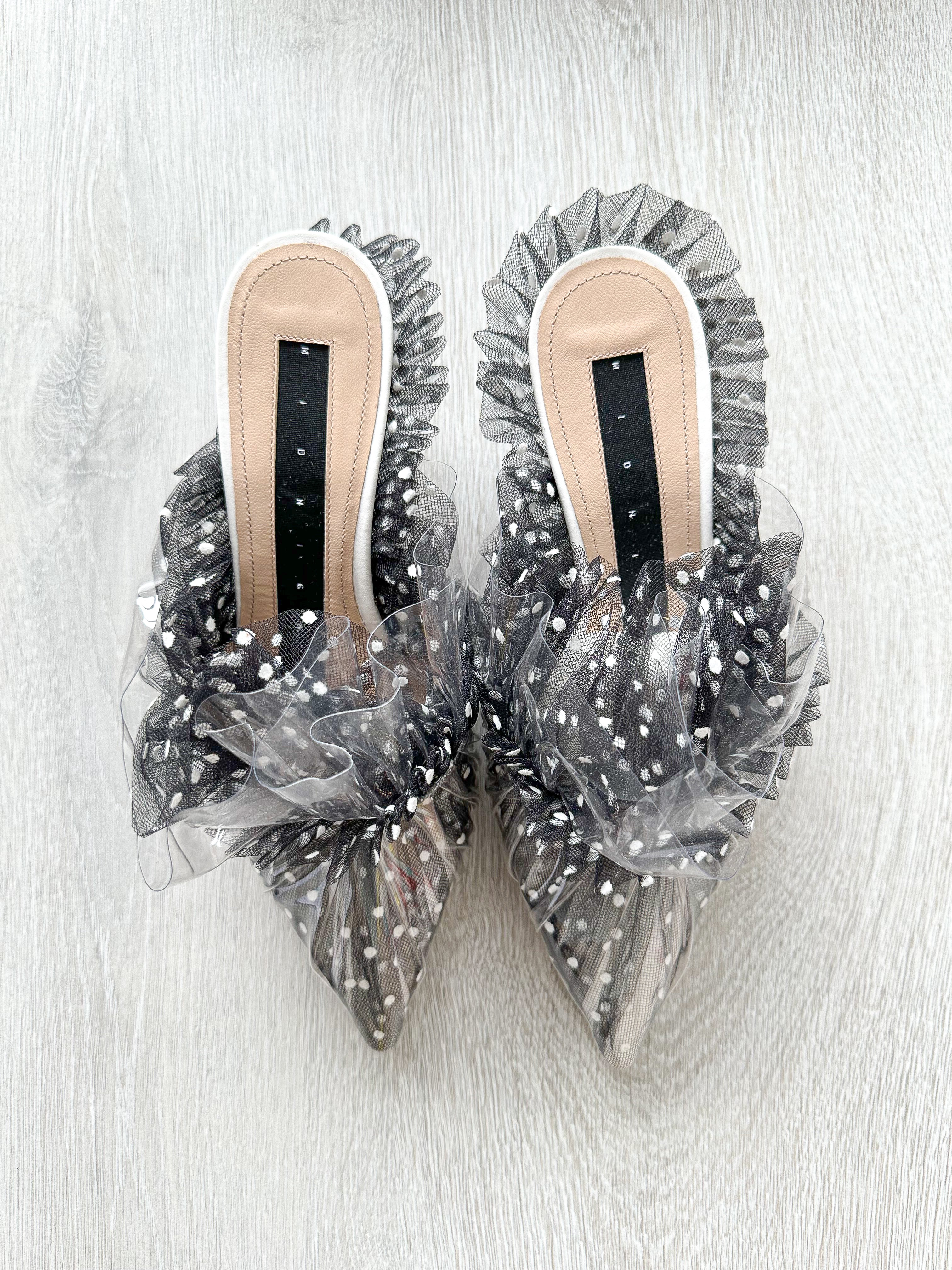 MIDNIGHT 00 Polka Dot Black White Frilly Lace Kitten Heels Mules - House Of Huntington