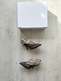 MIDNIGHT 00 Rose Print PVC Plastic Bow Pinstripe Cloth Rockabilly Crescent Brooch High Heels - House Of Huntington
