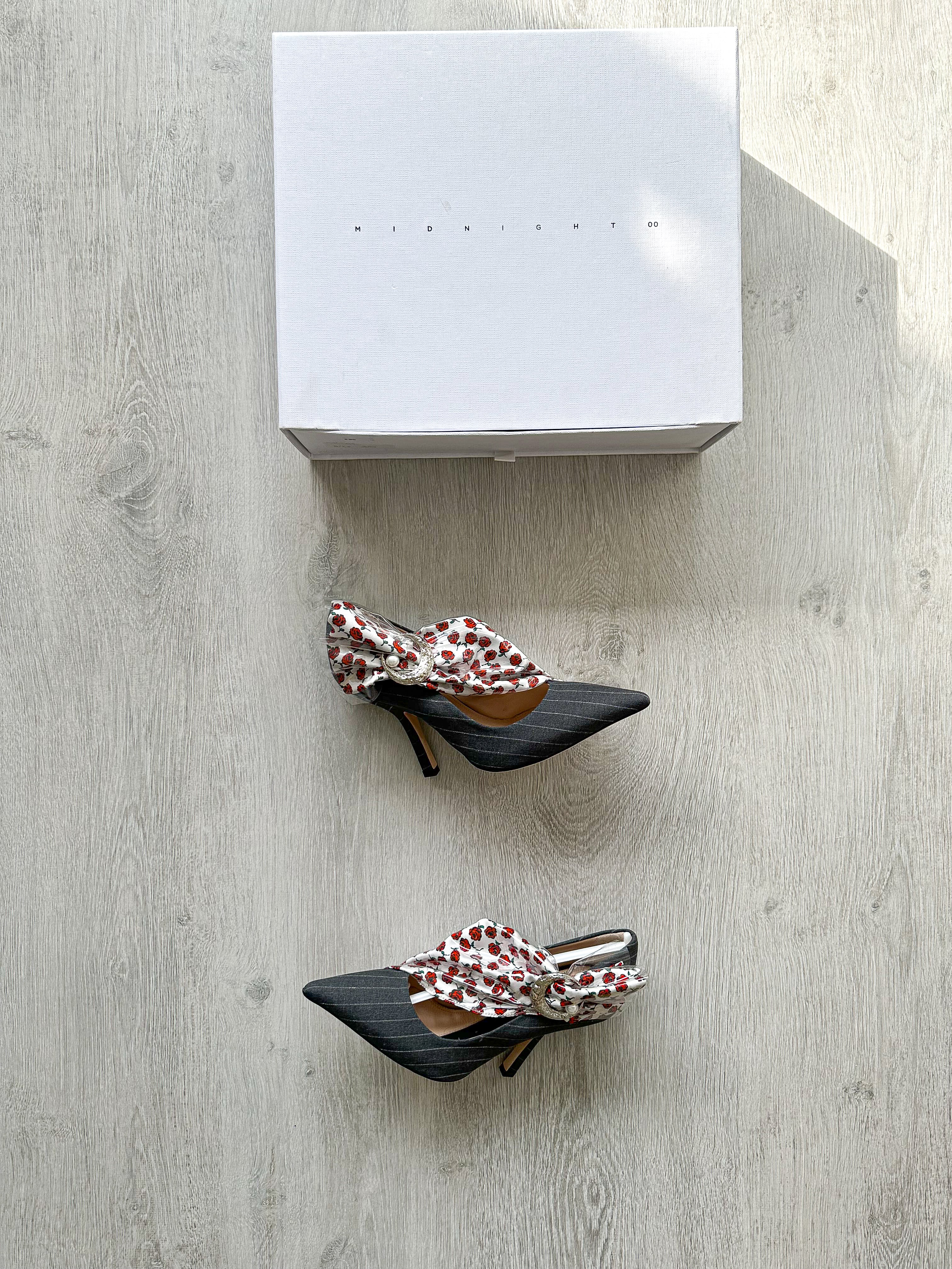 MIDNIGHT 00 Rose Print PVC Plastic Bow Pinstripe Cloth Rockabilly Crescent Brooch High Heels - House Of Huntington
