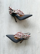 MIDNIGHT 00 Rose Print PVC Plastic Bow Pinstripe Cloth Rockabilly Crescent Brooch High Heels - House Of Huntington