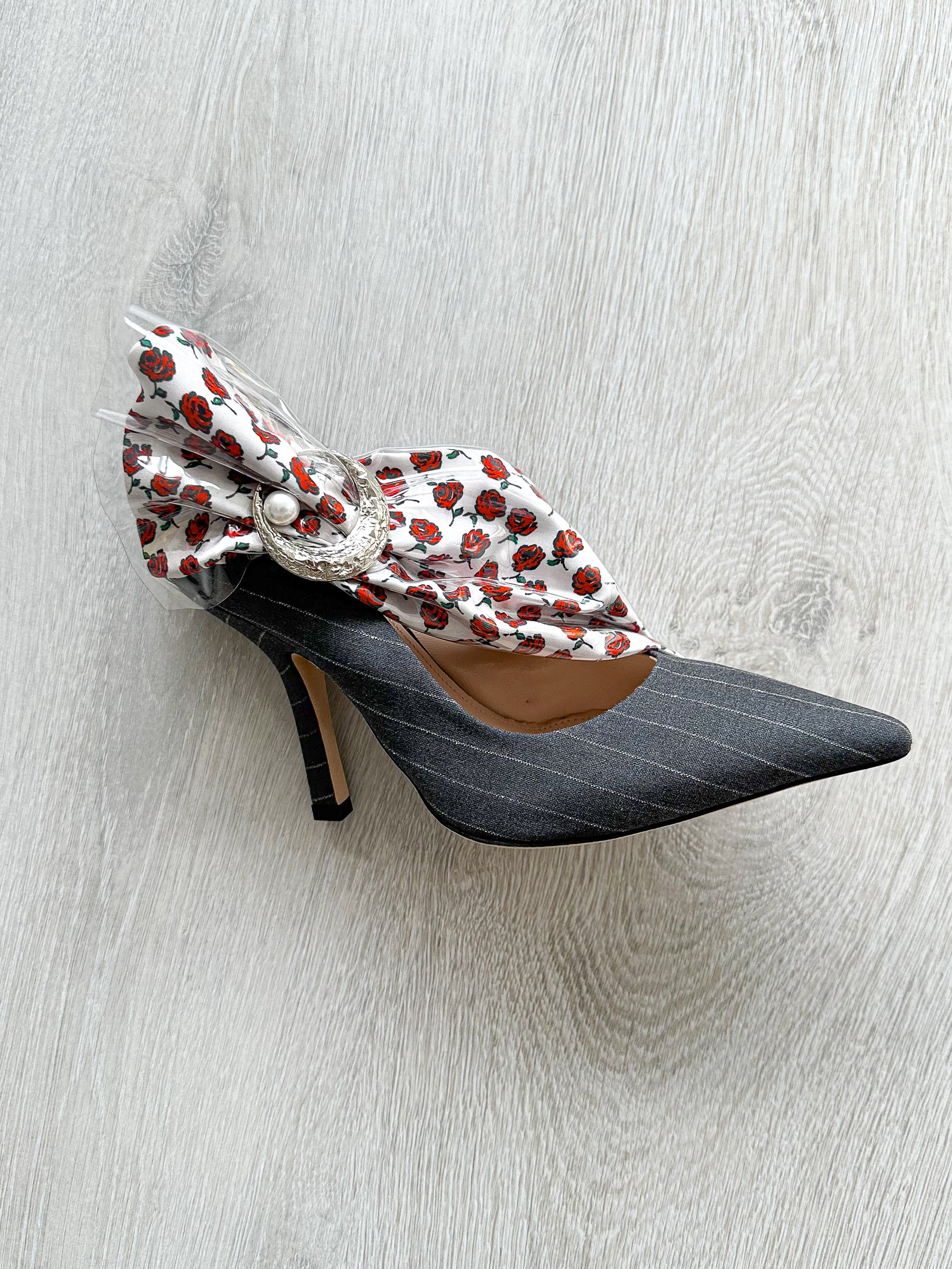 MIDNIGHT 00 Rose Print PVC Plastic Bow Pinstripe Cloth Rockabilly Crescent Brooch High Heels - House Of Huntington