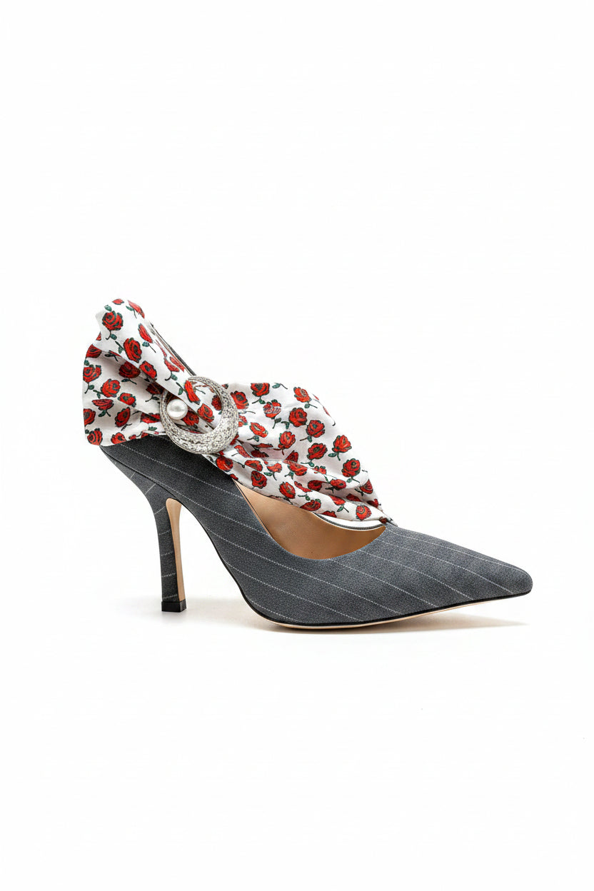 MIDNIGHT 00 Rose Print PVC Plastic Bow Pinstripe Cloth Rockabilly Crescent Brooch High Heels - House Of Huntington