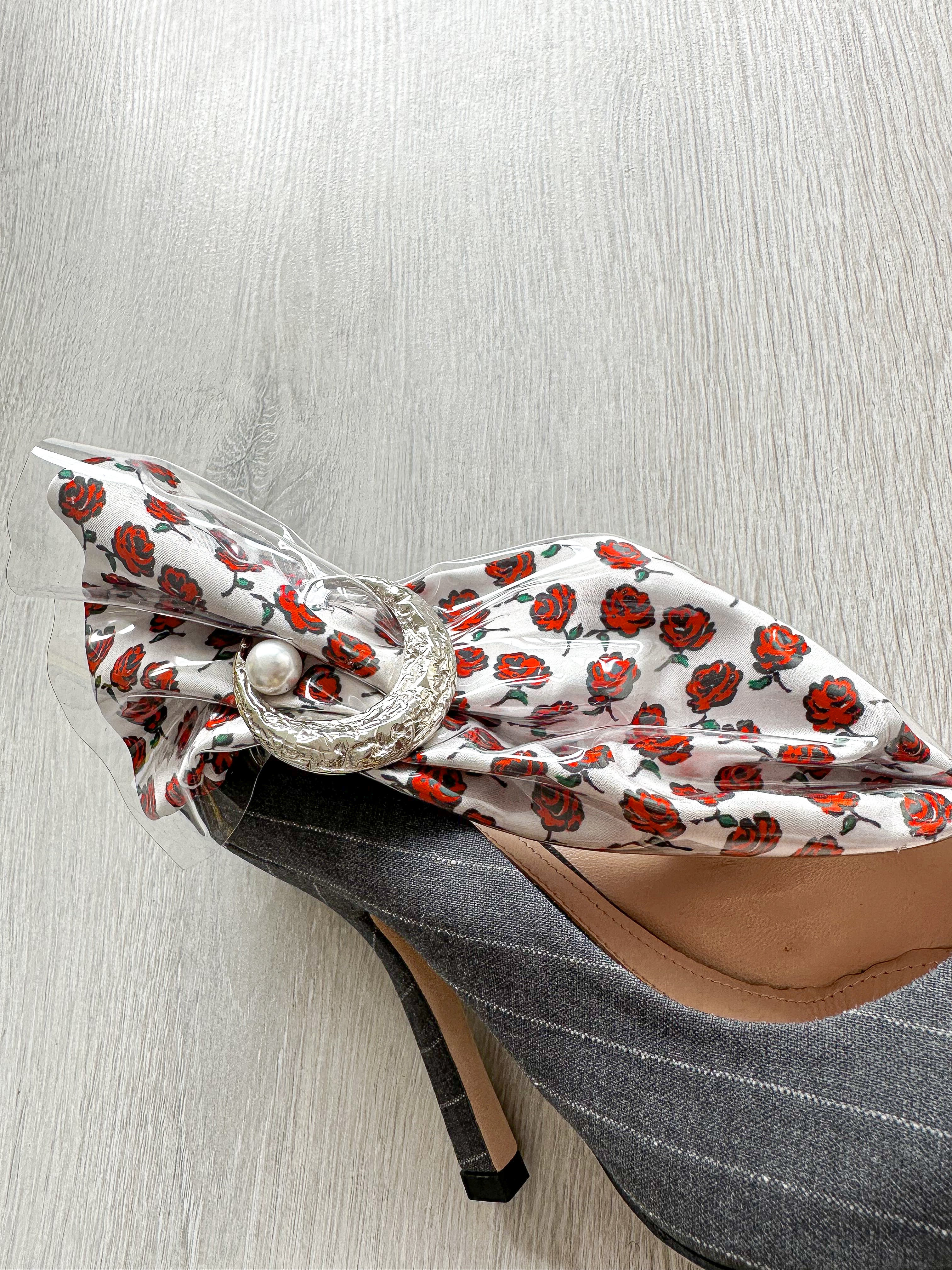 MIDNIGHT 00 Rose Print PVC Plastic Bow Pinstripe Cloth Rockabilly Crescent Brooch High Heels - House Of Huntington