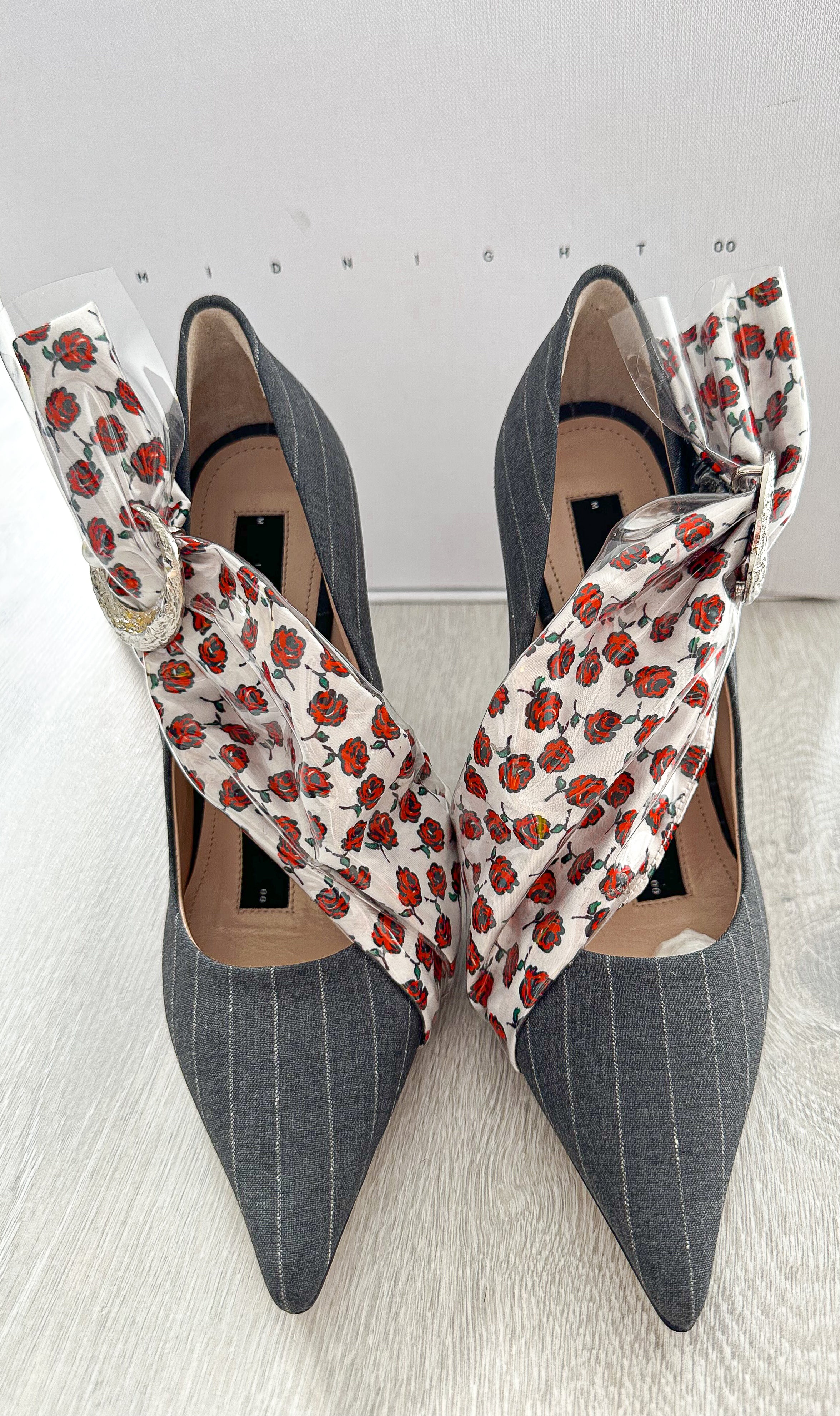 MIDNIGHT 00 Rose Print PVC Plastic Bow Pinstripe Cloth Rockabilly Crescent Brooch High Heels - House Of Huntington